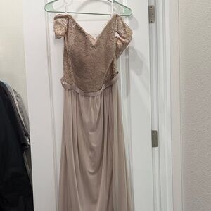 David's Bridal Off the Shoulder Lace Dress in Blush